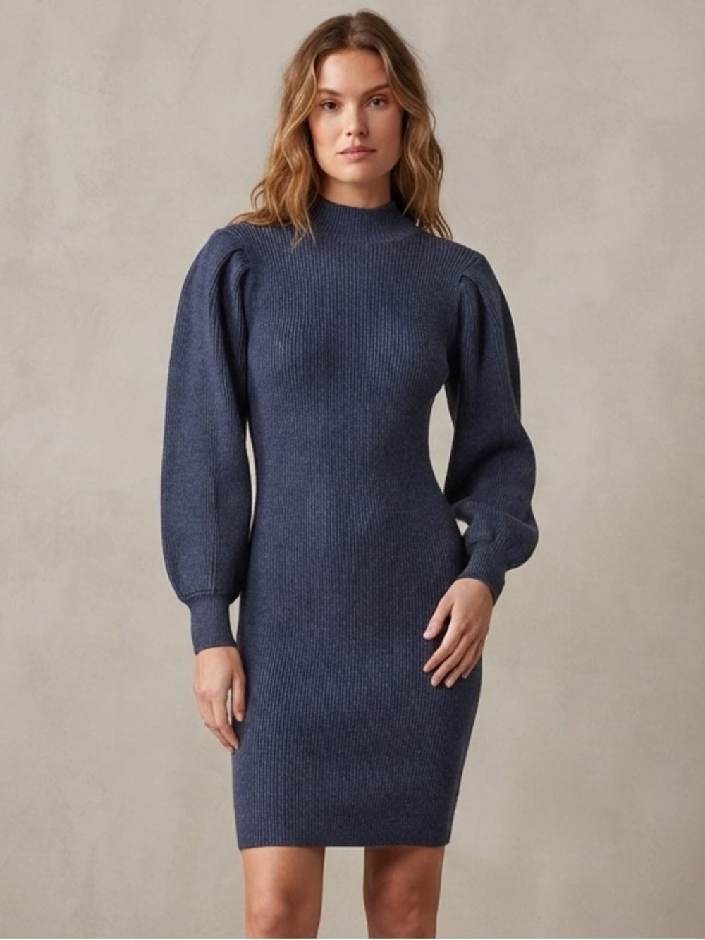 Zara ribbed fitted Blue knit sweater dress medium viscose blend ballon sleeves